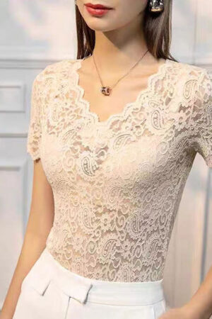 V-neck Hollow Sexy Lace Bottoming Shirt Innerwear Short Sleeve