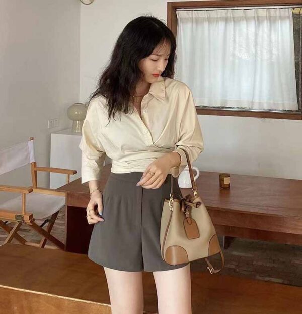 Women's First Layer Cowhide Drawstring Bucket Bag Soft Leather Bag - Image 3