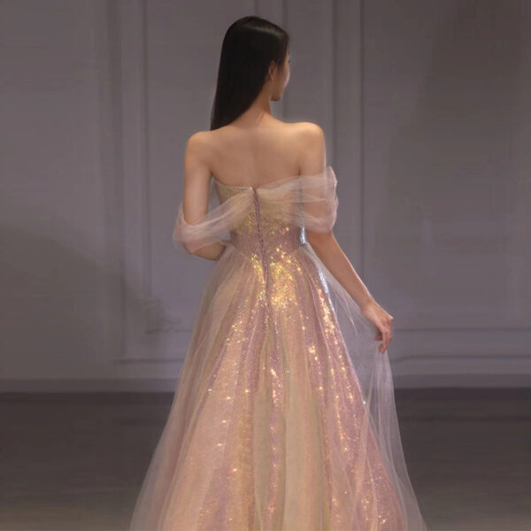New Mesh Slimming Annual Party Banquet Host Mermaid Off-shoulder Evening Dress For Women - Image 4