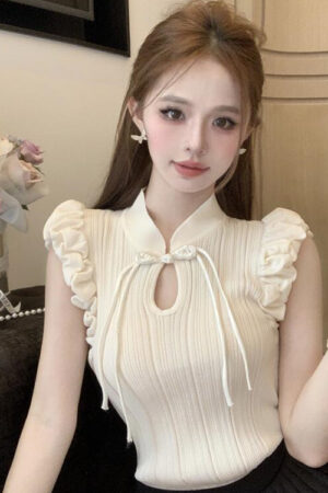 New Chinese Style Retro Buckle Puffed Sleeves Elegant Top