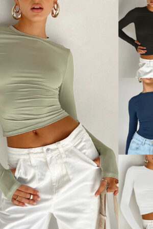 New Women's Solid Color Base Round Neck Long Sleeve Top Women