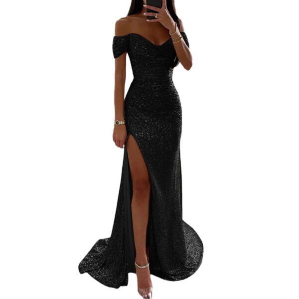 Female Creative Solid Color Sparkling Slit Dress - Image 5