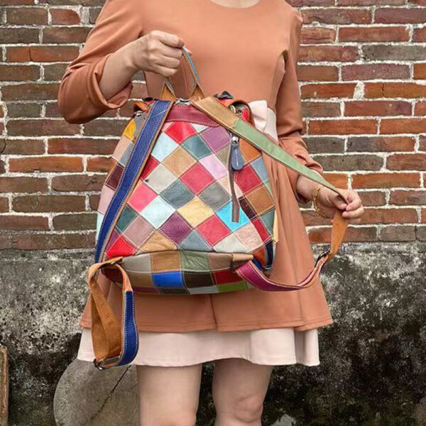 Women's Fashion Casual Rhombus Color Matching Leather Backpack - Image 6