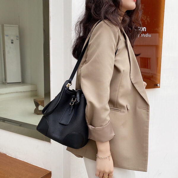 Women's First Layer Cowhide Drawstring Bucket Bag Soft Leather Bag - Image 2