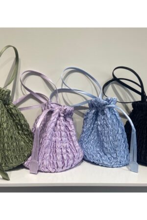 Women's Silk Pleated Drawstring Tote Shoulder Bag