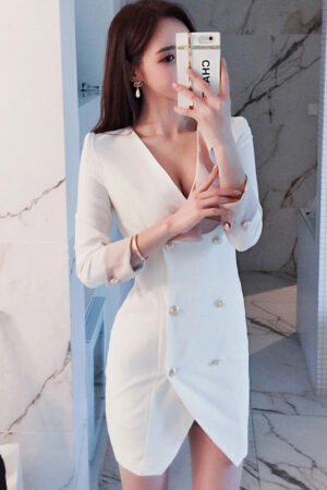 autumn new professional self-cultivation double-breasted V-neck color matching ruffled bag hip dress