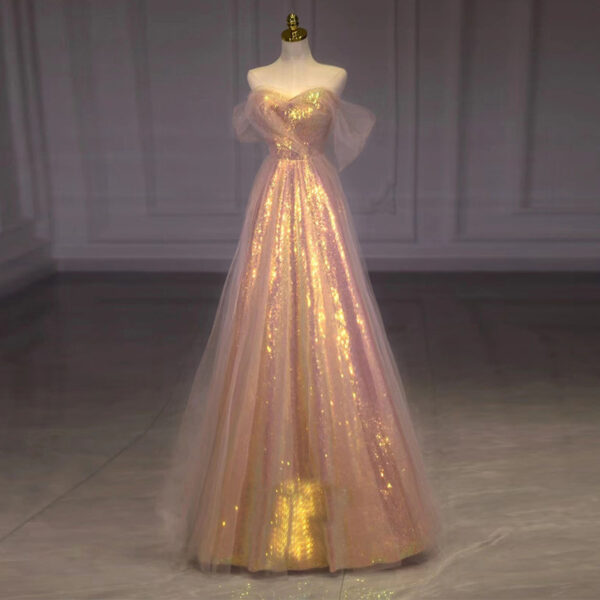 New Mesh Slimming Annual Party Banquet Host Mermaid Off-shoulder Evening Dress For Women - Image 3