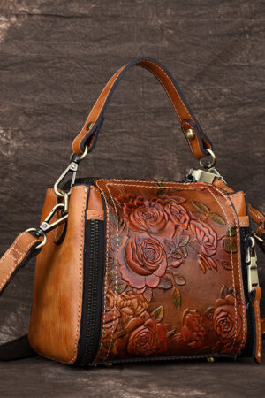 Fashionable Leather Vintage hand embossed handbag with shoulder inclined water bucket