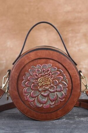 Vintage Embossed Small Round Bag, Shoulder Messenger Bag, Zipper Large-capacity Handbag