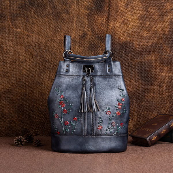 Large Capacity European And American Fashion Head Layer Cowhide Bucket Backpack - Image 4