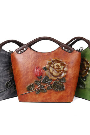New Three-dimensional Embossed Rose Flower Head Layer Cowhide Handbags