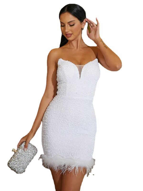 Tube Top Feather Slit Mid-length Polyester Evening Dress - Image 9