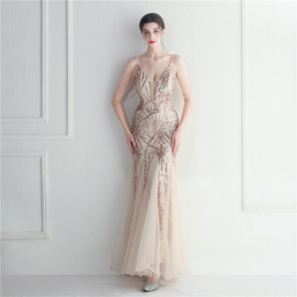 Mesh Beaded Bridal Wedding Dinner Long Camisole Evening Gown - Image 7