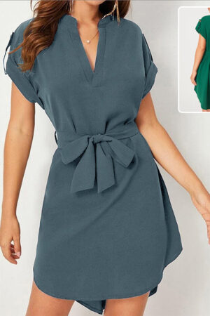 V-neck Short Sleeve Dress With Belt Summer Fashion Bowknot Dresses For Women Clothing