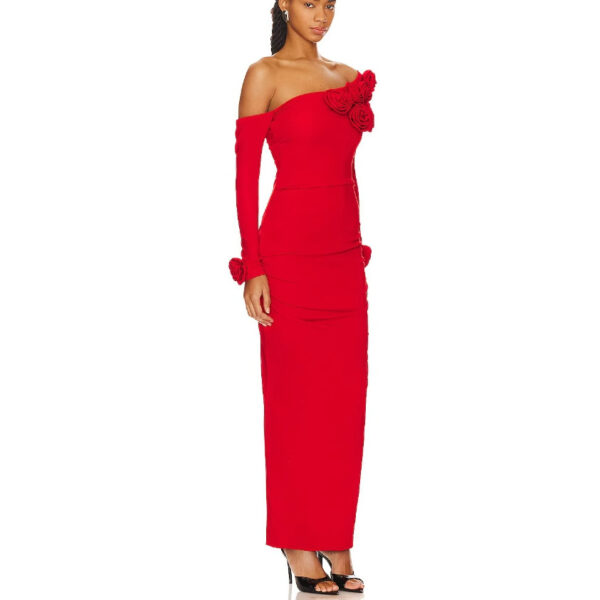 Three-dimensional Flower Slanted Shoulder Long Sleeved Dress - Image 4