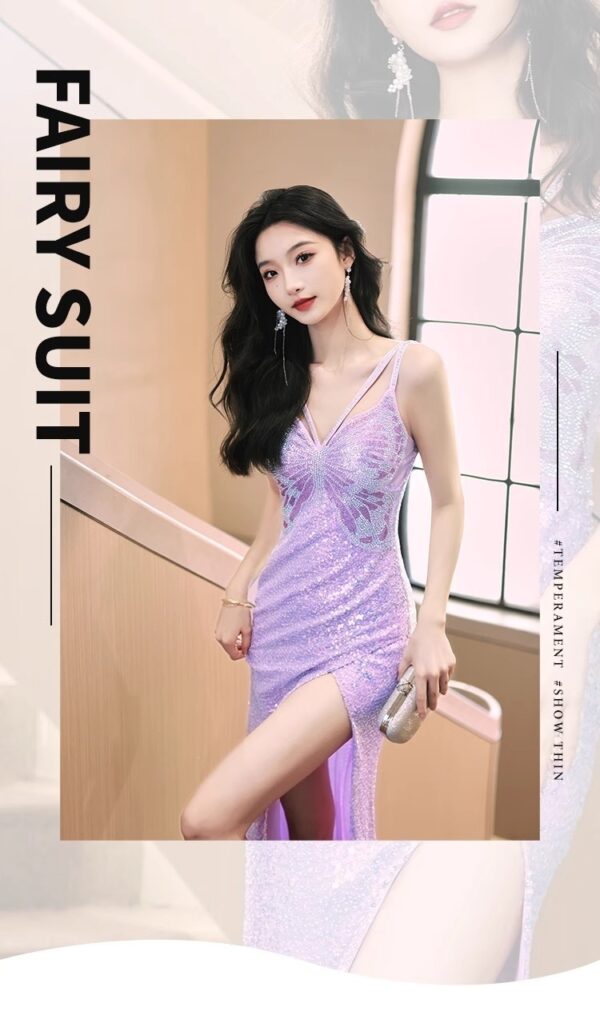 New Sequined Evening Dress Autumn And Winter Purple French Style High Sense Banquet - Image 9