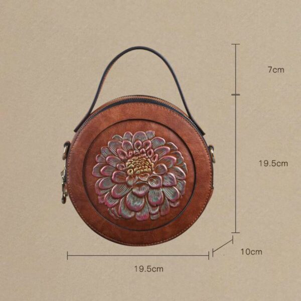 Vintage Embossed Small Round Bag, Shoulder Messenger Bag, Zipper Large-capacity Handbag - Image 3