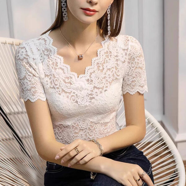 V-neck Hollow Sexy Lace Bottoming Shirt Innerwear Short Sleeve - Image 5