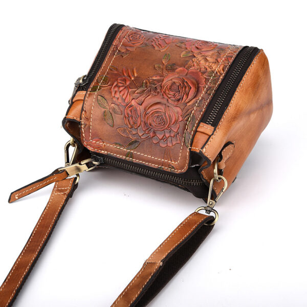 Fashionable Leather Vintage hand embossed handbag with shoulder inclined water bucket - Image 4