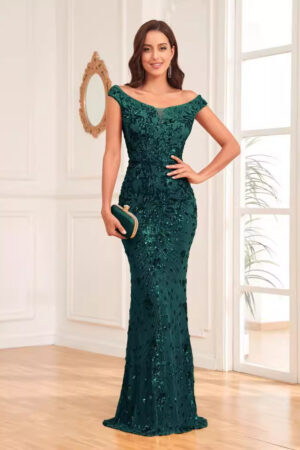 Green Sequined Sexy High Waist Fishtail Long Evening Dress