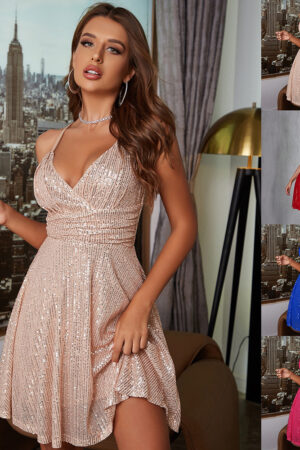 Autumn And Winter New Women's Sexy Gorgeous Sequined Dress Pleated Cross Strap Vacation Style Dress