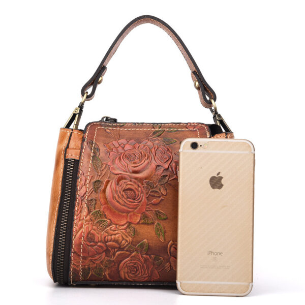Fashionable Leather Vintage hand embossed handbag with shoulder inclined water bucket - Image 8