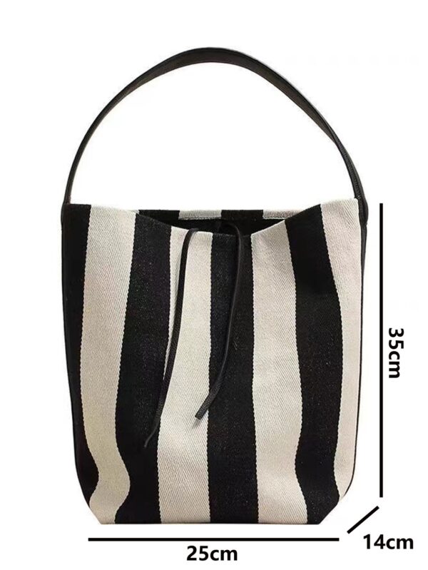 Black And White Contrast Color Wide Shoulder Striped Canvas Bag - Image 4