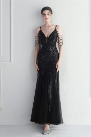 Mesh Beaded Bridal Wedding Dinner Long Camisole Evening Gown