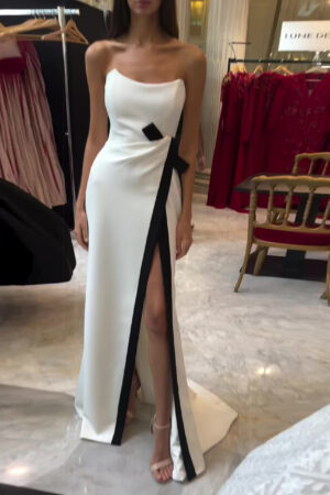 Strapless Black And White Contrasting Slit Dress