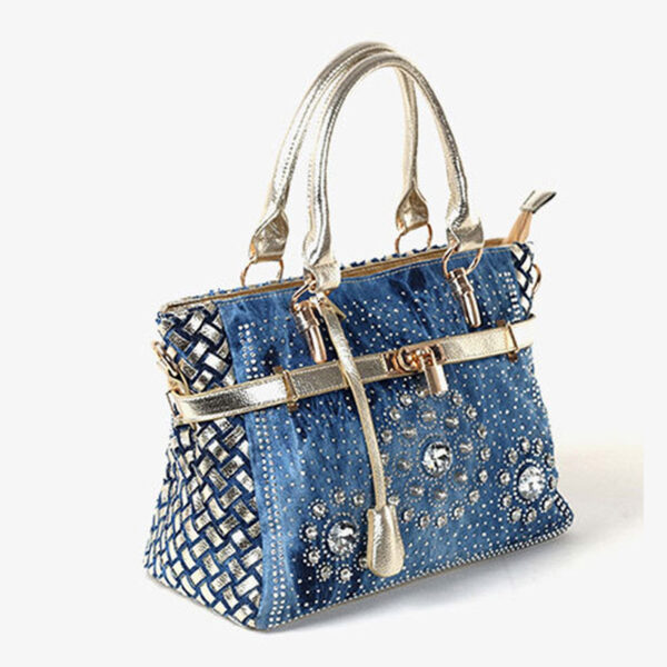 Female Inlaid Glass Rhinestone Small Buckle Lock Denim Single Shoulder Messenger Bag - Image 2