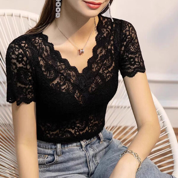 V-neck Hollow Sexy Lace Bottoming Shirt Innerwear Short Sleeve - Image 6