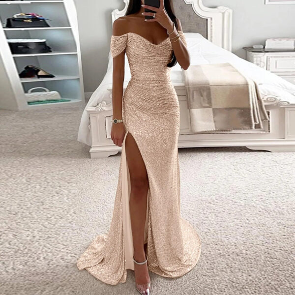 Female Creative Solid Color Sparkling Slit Dress - Image 2