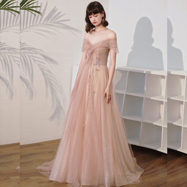 One Shoulder Slim Fairy Aura Light Gauze Bridesmaid Dress - Image 4