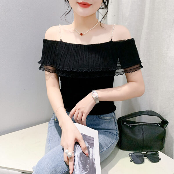Pleated Lace Stitching Off-neck Sweet Short Sleeve - Image 4