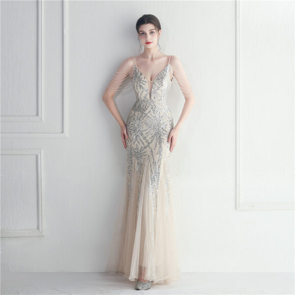 Mesh Beaded Bridal Wedding Dinner Long Camisole Evening Gown - Image 6