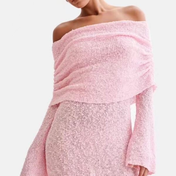Women's Spring Summer Knitted Dress Elegant Party Boat Neck Dress Infant Off Shoulder Bodycon Long Sleeve Fuzzy Short Club Chic Mini Dress - Image 3