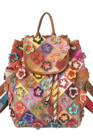 Cowhide Patchwork Diamond Checkered Flower Retro Style Backpack