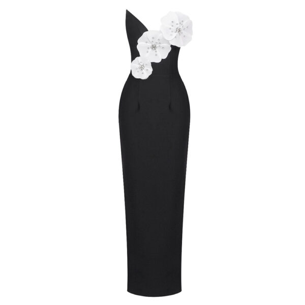 Black Backless Bandage Chest White Exquisite Flower Decorative Dress For Women Dress - Image 5