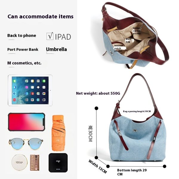 Top Layer Cowhide With Denim Fashion All-match Large Capacity Shoulder Tote Bag - Image 4