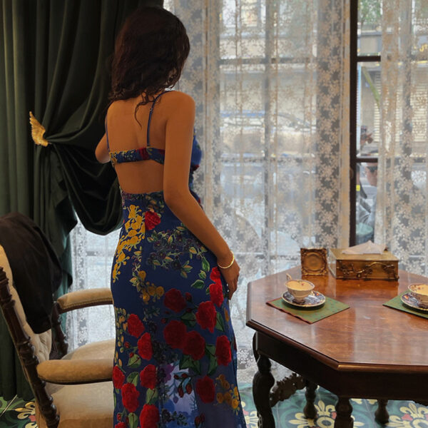 Women's Blue Velvet Burnt Flower Hollow Open Back Slim Slim Strap Dress - Image 2