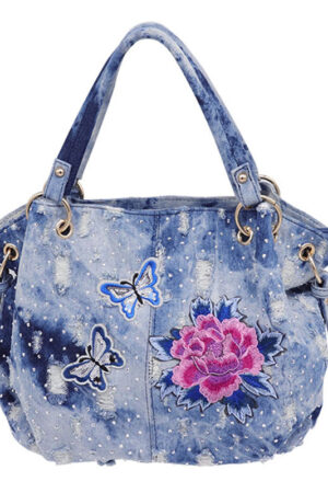 Multifunctional Casual Washed Denim Floral Shoulder Bag