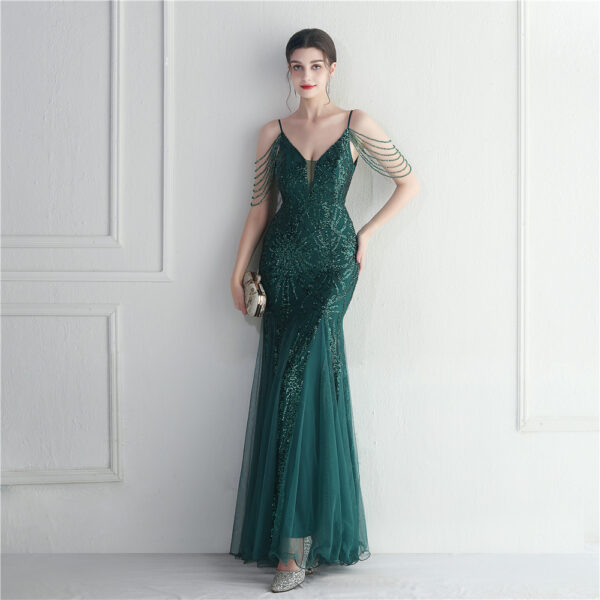 Mesh Beaded Bridal Wedding Dinner Long Camisole Evening Gown - Image 9