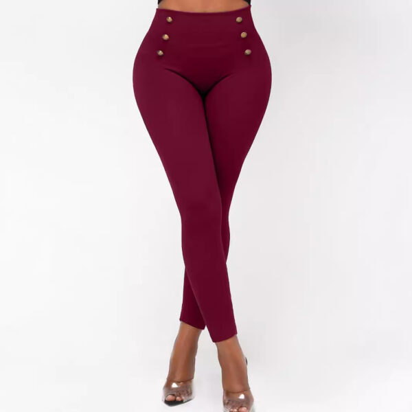 High Waist Button Solid Color Slim Fit Hip Skinny Pants - Image 4