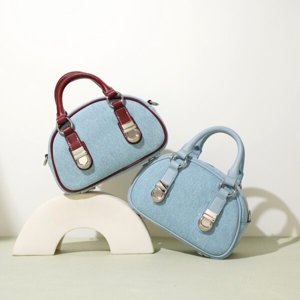First Layer Cowhide With Denim Bun-shaped Bag - Image 3