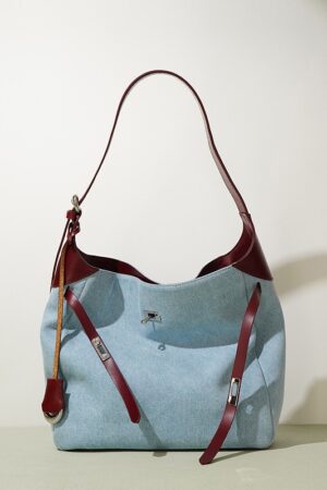 Top Layer Cowhide With Denim Fashion All-match Large Capacity Shoulder Tote Bag