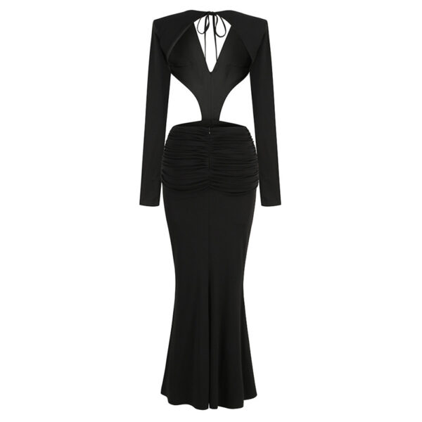 Sexy V-neck Backless Long Sleeves Skirt Waist Decorative Flower Split Fishtail Gown Dress Long - Image 4