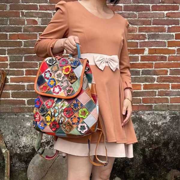 Women's Fashion Casual Rhombus Color Matching Leather Backpack - Image 9