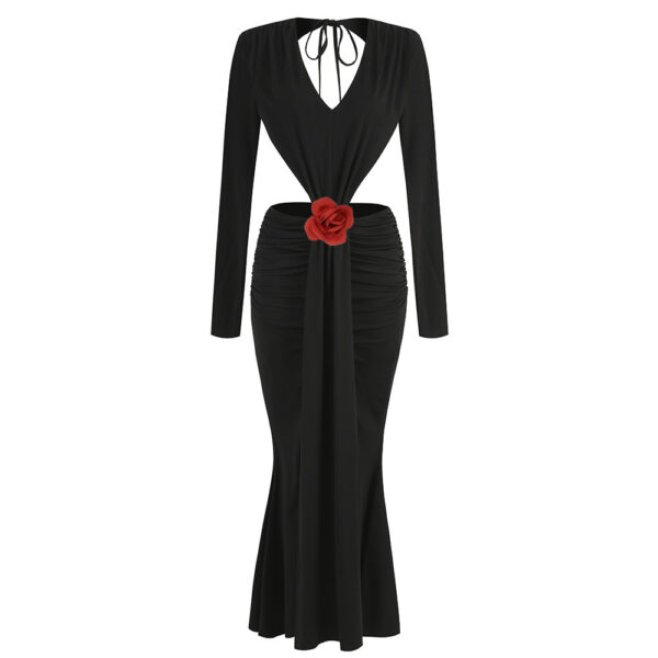 Sexy V-neck Backless Long Sleeves Skirt Waist Decorative Flower Split Fishtail Gown Dress Long - Image 6