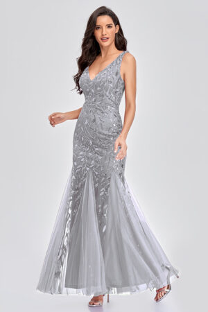 Sexy Long Dress Sleeveless V-neck Embroidered Sequin Slim Mermaid Dress