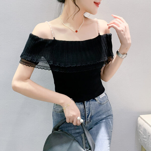 Pleated Lace Stitching Off-neck Sweet Short Sleeve - Image 7